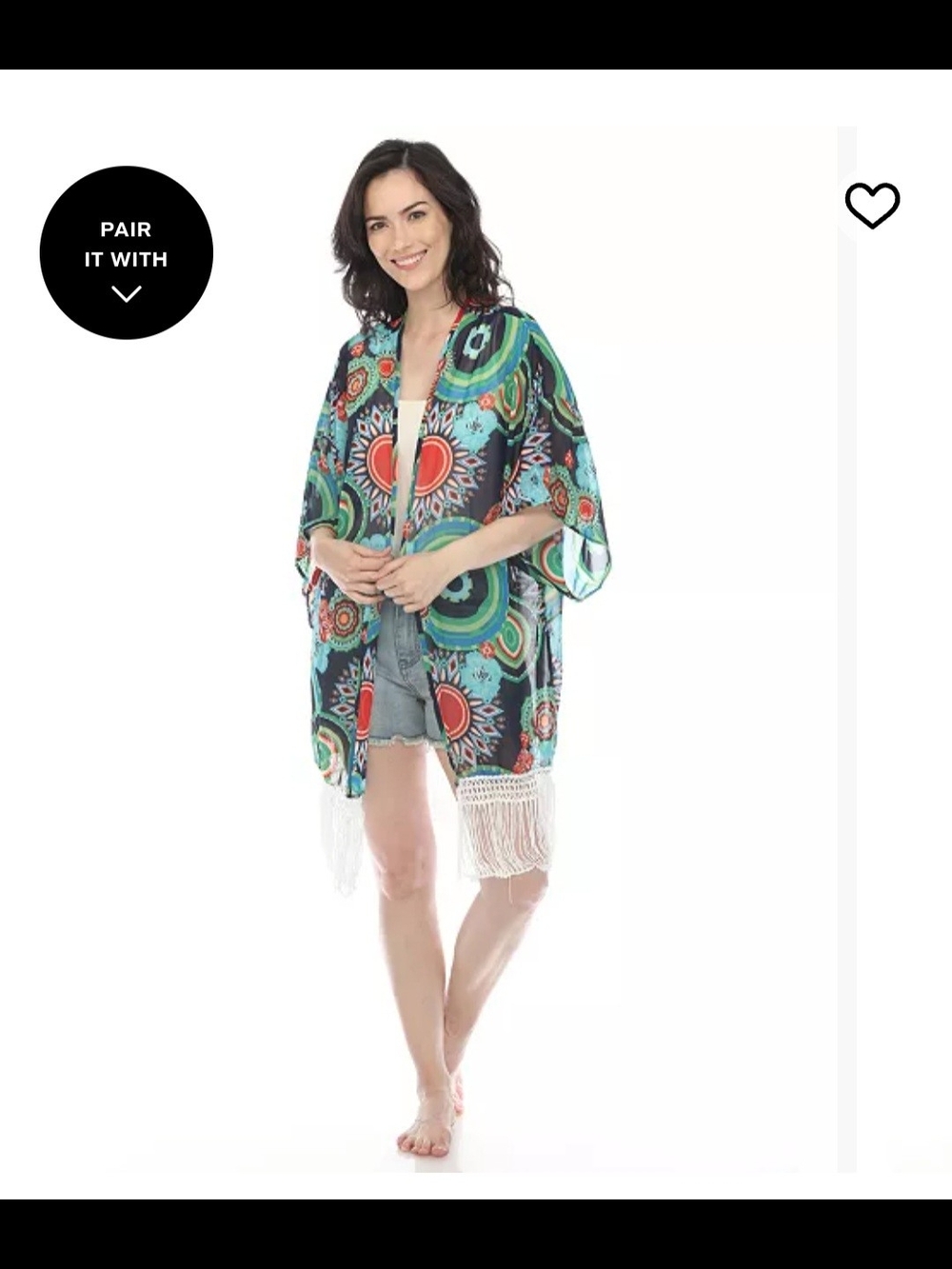 White Mark Sheer Boho Fringe Kimono Cover-Up in Teal, Navy & Red